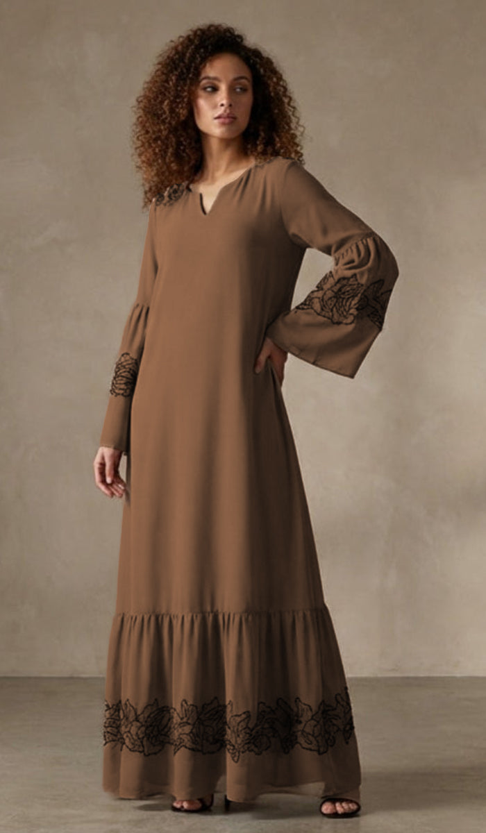 Mahin Embroidered Chiffon Modest Long Maxi Dress - Cafe/Black