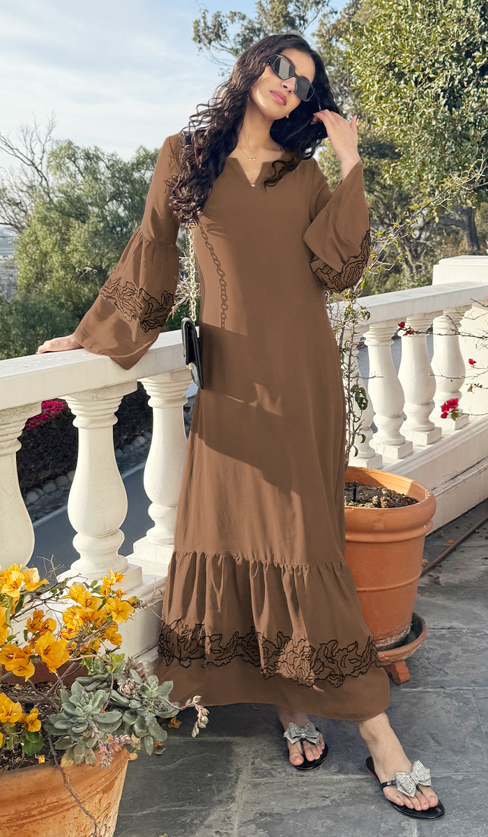 Mahin Embroidered Chiffon Modest Long Maxi Dress - Cafe/Black