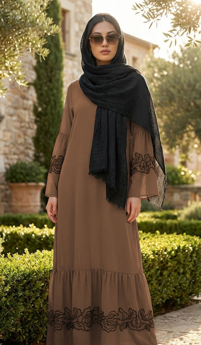 Mahin Embroidered Chiffon Modest Long Maxi Dress - Cafe/Black