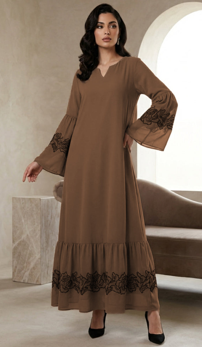 Mahin Embroidered Chiffon Modest Long Maxi Dress - Cafe/Black