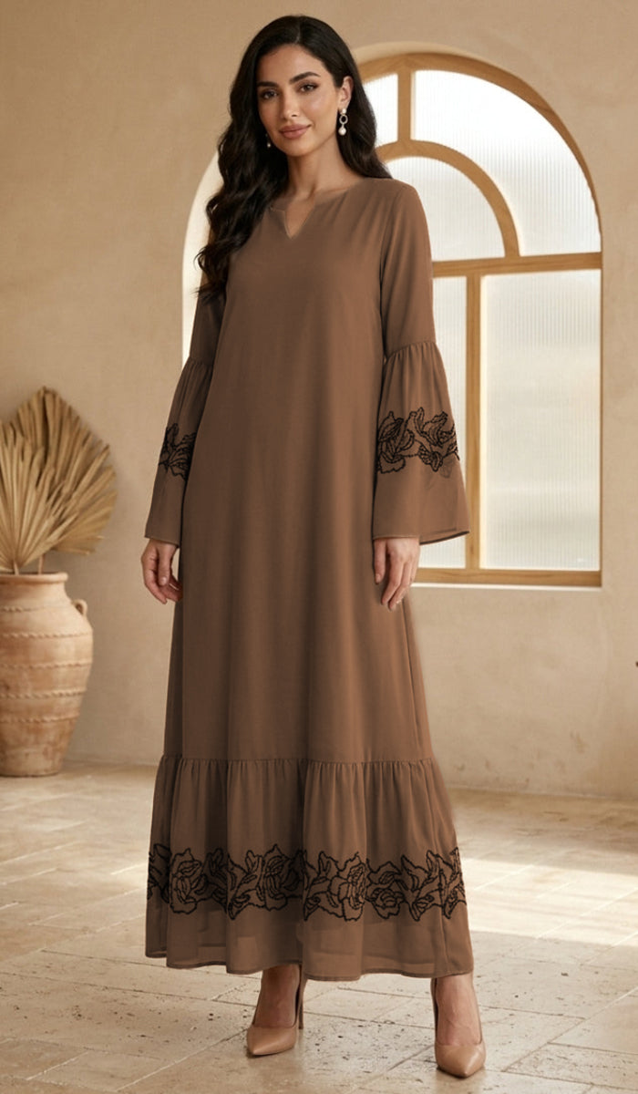 Mahin Embroidered Chiffon Modest Long Maxi Dress - Cafe/Black