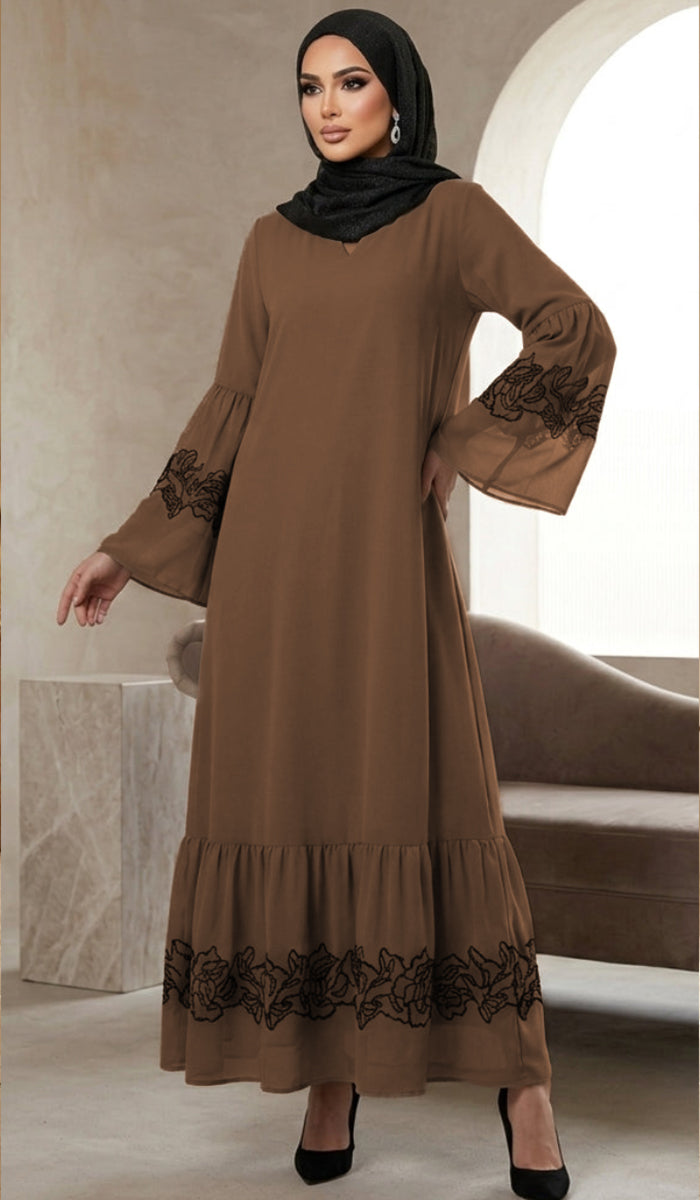 Mahin Embroidered Chiffon Modest Long Maxi Dress - Cafe/Black