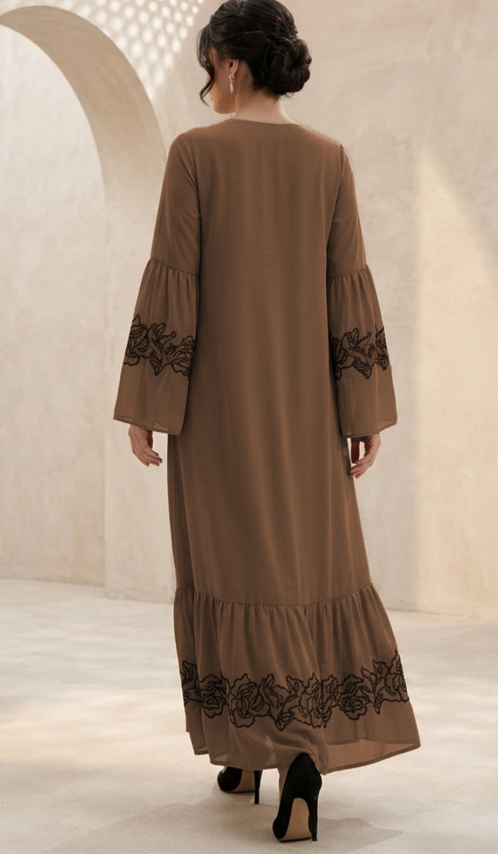 Mahin Embroidered Chiffon Modest Long Maxi Dress - Cafe/Black