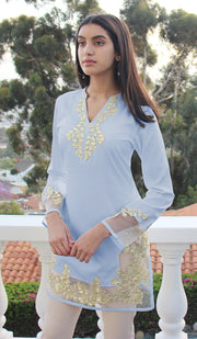 Mahnaz Gold Embellished Long Modest Tunic - Powder Blue