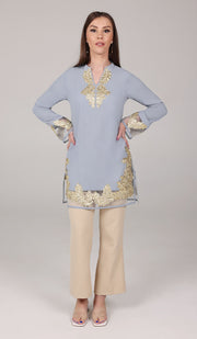 Mahnaz Gold Embellished Long Modest Tunic - Silver Mist
