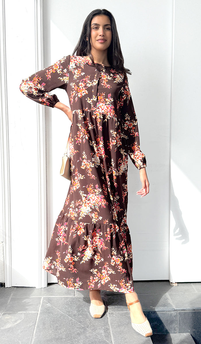 Robe longue longue modeste en mousseline de soie smockée Nadia - Noir