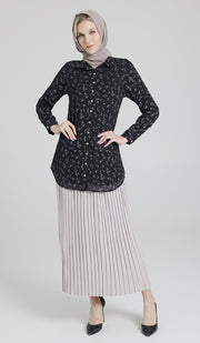 Marwa Chiffon Print Long Button down Shirt - Black/Gray