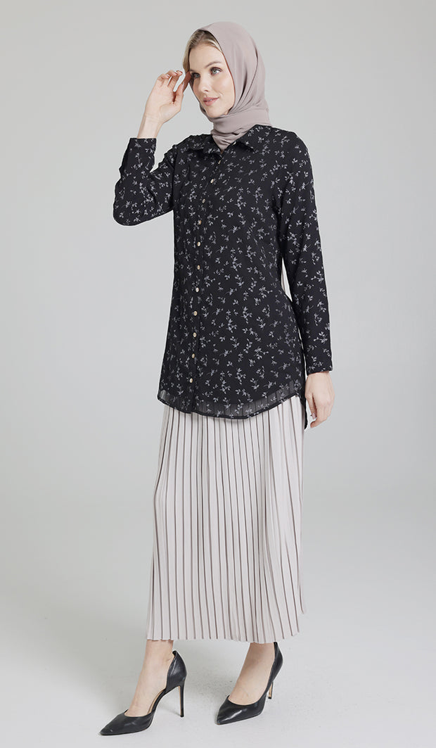 Marwa Chiffon Print Long Button down Shirt - Black/Gray