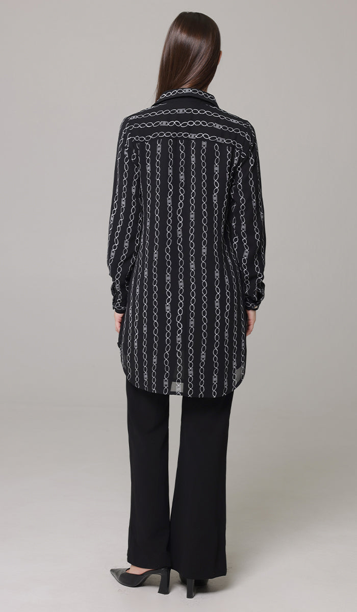 Back view of Marwa tunic in Black/White. 