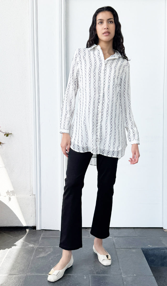 Marwa Chiffon Print Long Button down Shirt - Cream/Black Stripe - PREORDER (ships in 2 weeks)