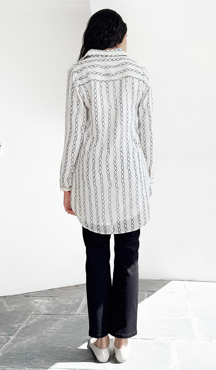 Marwa Chiffon Print Long Button down Shirt - Cream/Black Stripe - PREORDER (ships in 2 weeks)