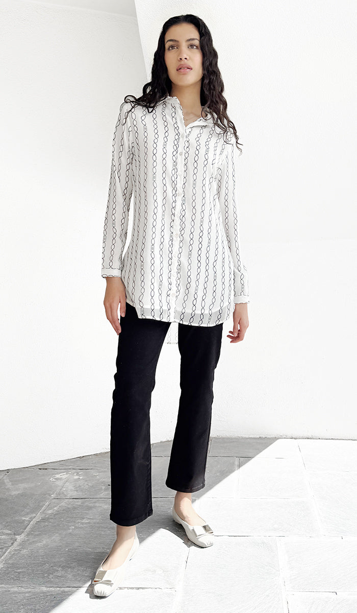 Marwa Chiffon Print Long Button down Shirt - Cream/Black Stripe - PREORDER (ships in 2 weeks)