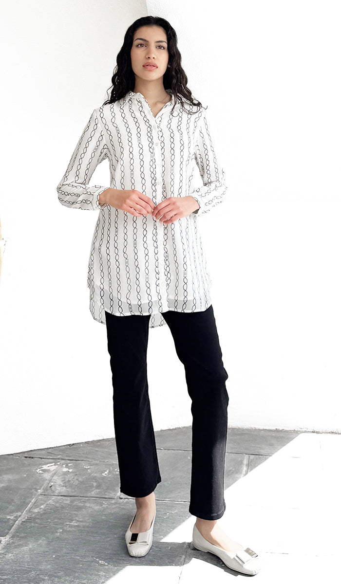 Marwa Chiffon Print Long Button down Shirt - Cream/Black Stripe - PREORDER (ships in 2 weeks)
