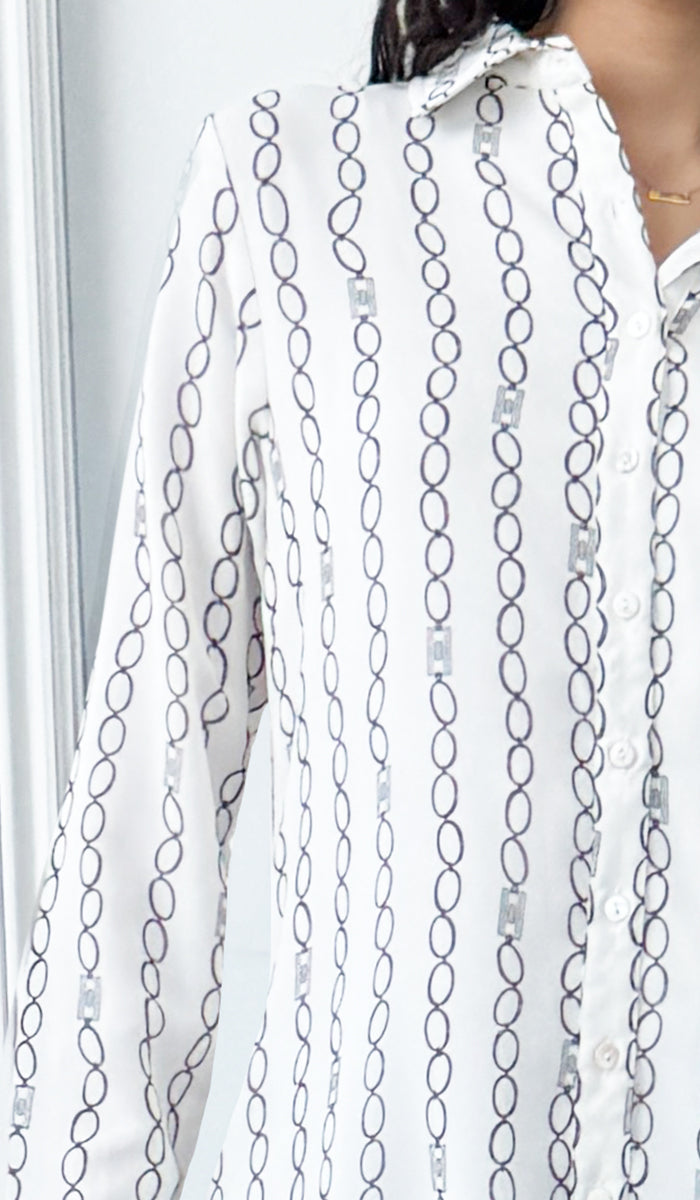 Marwa Chiffon Print Long Button down Shirt - Cream/Black Stripe - PREORDER (ships in 2 weeks)