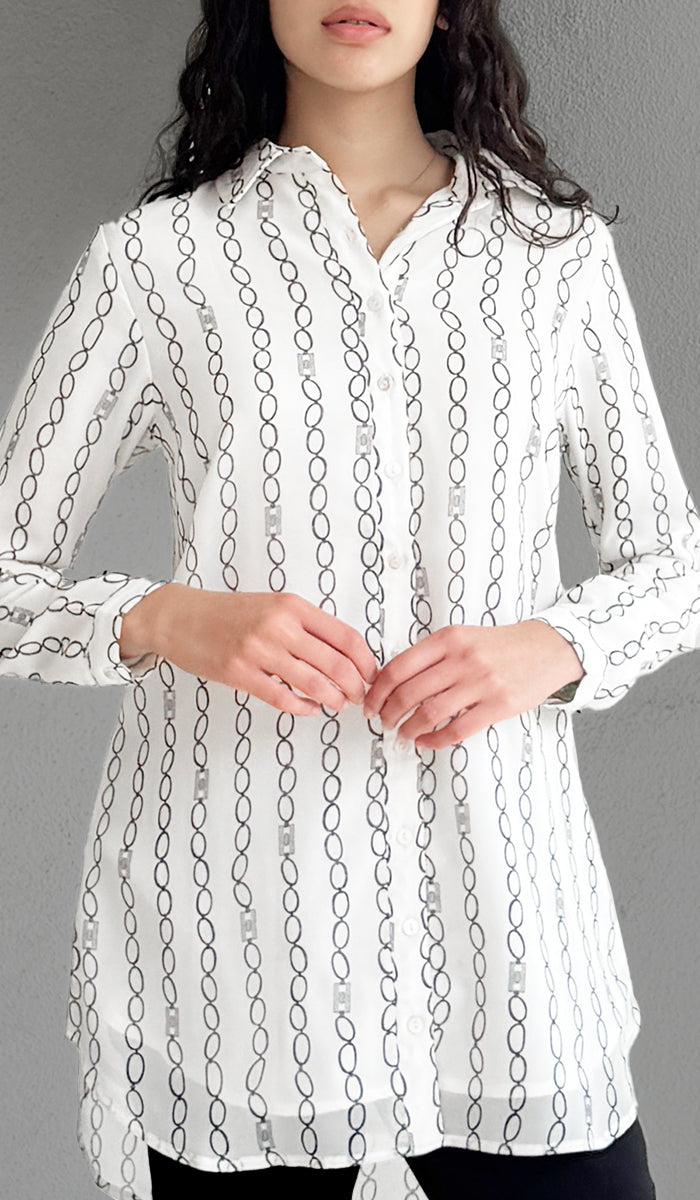 Marwa Chiffon Print Long Button down Shirt - Cream/Black Stripe - PREORDER (ships in 2 weeks)