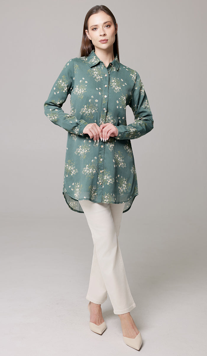Marwa Chiffon Print Long Button down Shirt - Jade Floral