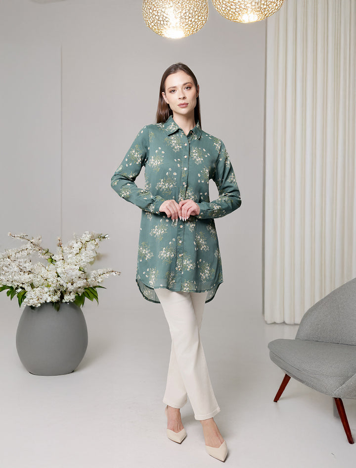 Marwa Chiffon Print Long Button down Shirt - Jade Floral