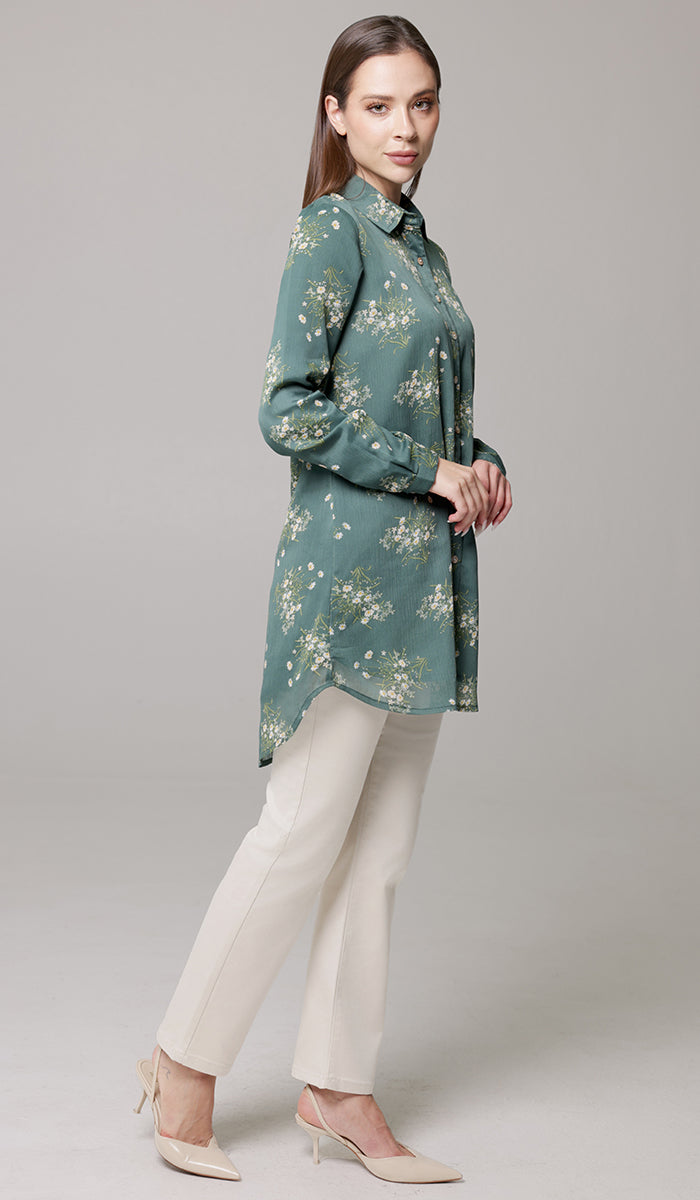 Marwa Chiffon Print Long Button down Shirt - Jade Floral