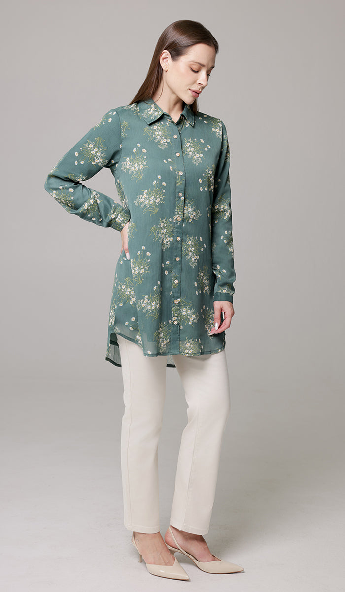 Marwa Chiffon Print Long Button down Shirt - Jade Floral