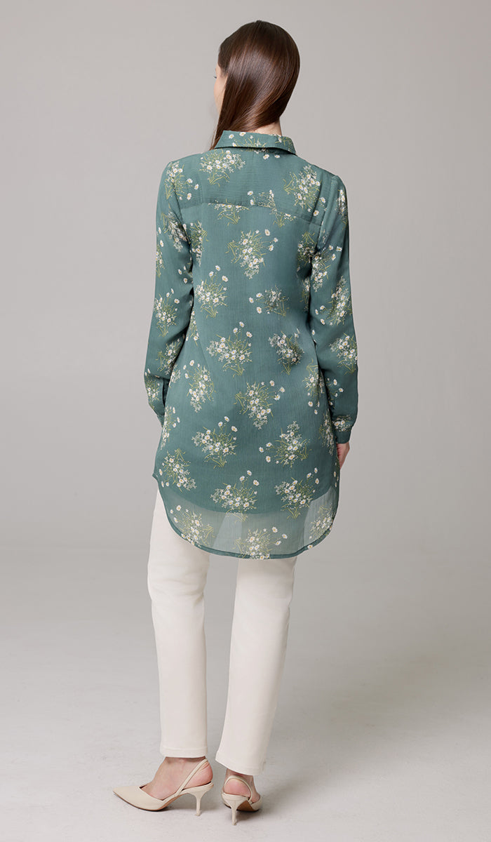 Marwa Chiffon Print Long Button down Shirt - Jade Floral