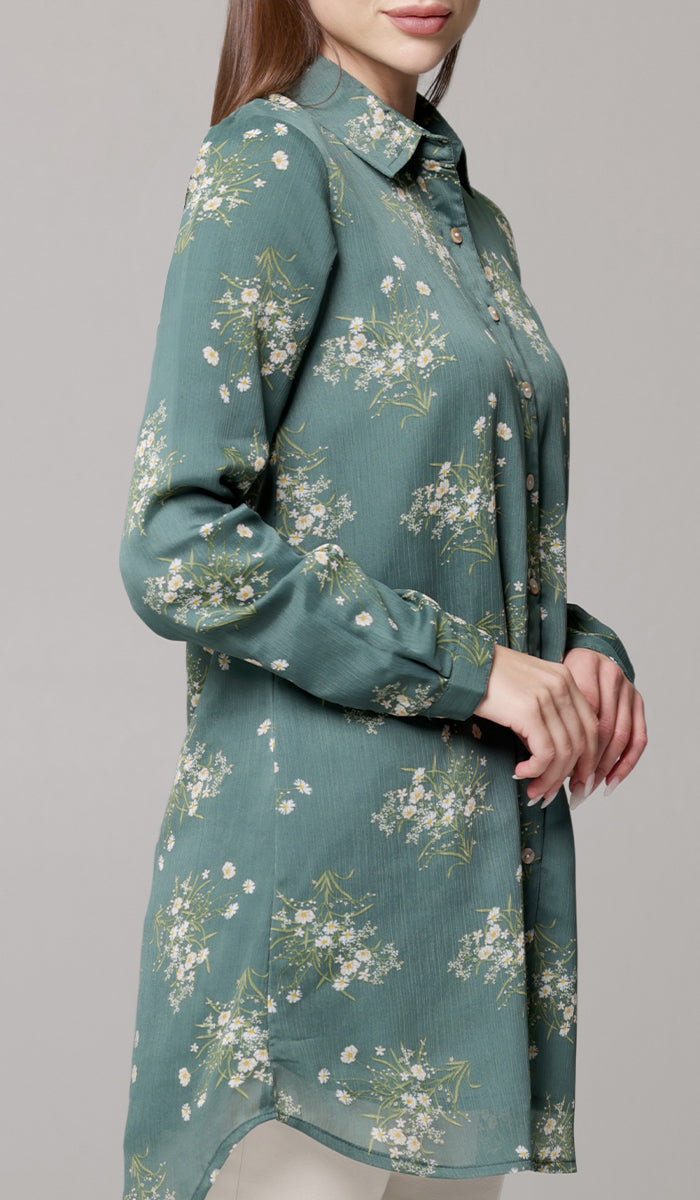 Marwa Chiffon Print Long Button down Shirt - Jade Floral