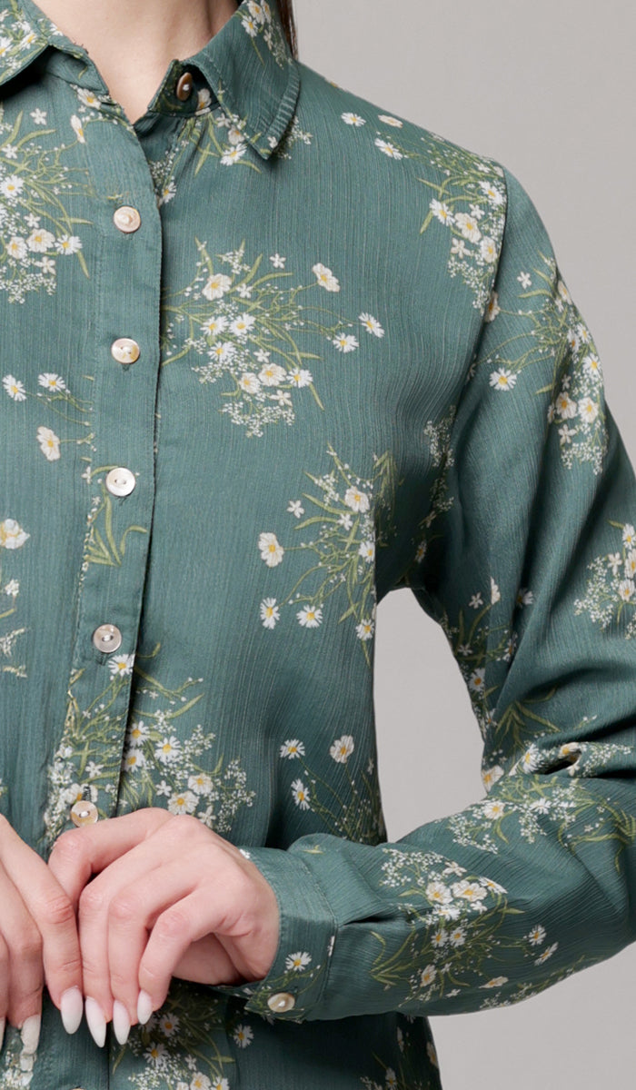 Marwa Chiffon Print Long Button down Shirt - Jade Floral