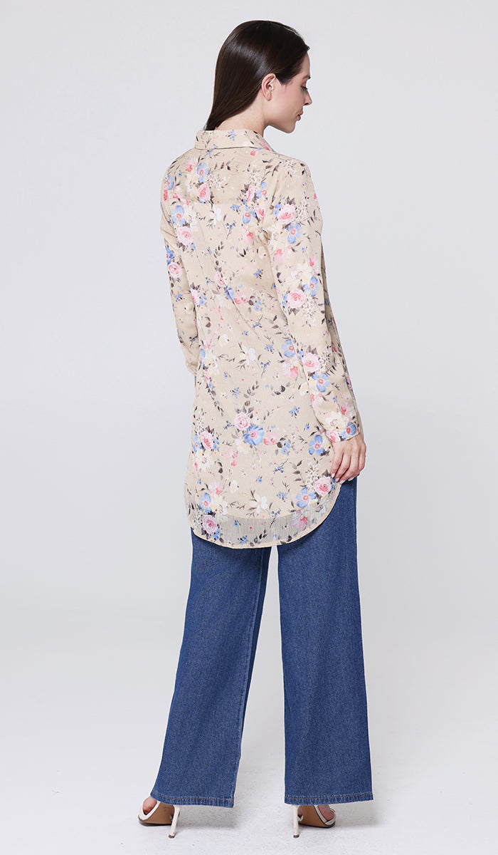 Marwa Chiffon Print Long Button down Shirt - Latte Rose