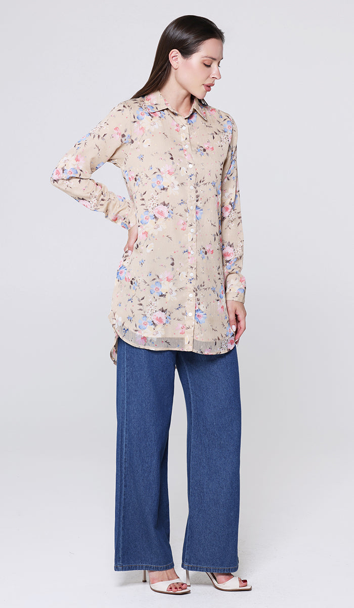 Marwa Chiffon Print Long Button down Shirt - Latte Rose