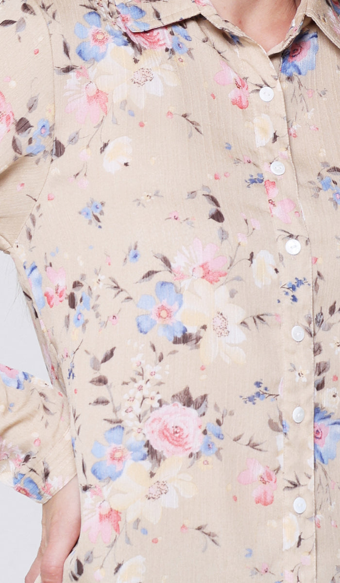 Marwa Chiffon Print Long Button down Shirt - Latte Rose