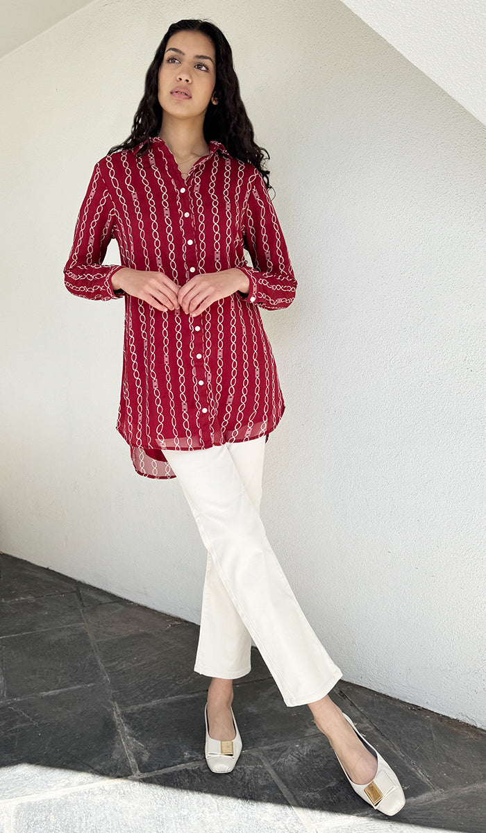 Marwa Chiffon Print Long Button down Shirt - Maroon/White Stripe - PREORDER (ships in 2 weeks)