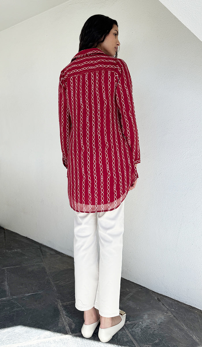 Marwa Chiffon Print Long Button down Shirt - Maroon/White Stripe - PREORDER (ships in 2 weeks)