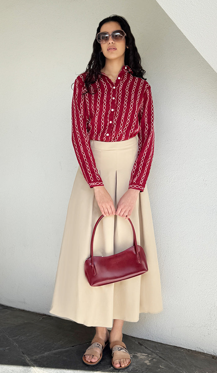 Marwa Chiffon Print Long Button down Shirt - Maroon/White Stripe - PREORDER (ships in 2 weeks)