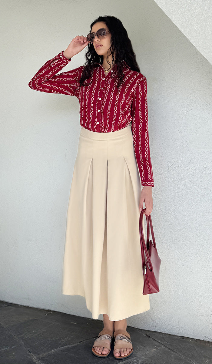 Marwa Chiffon Print Long Button down Shirt - Maroon/White Stripe - PREORDER (ships in 2 weeks)