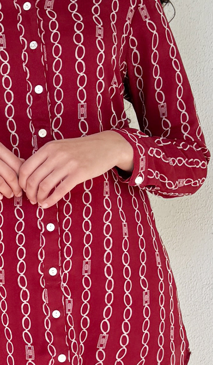Marwa Chiffon Print Long Button down Shirt - Maroon/White Stripe - PREORDER (ships in 2 weeks)