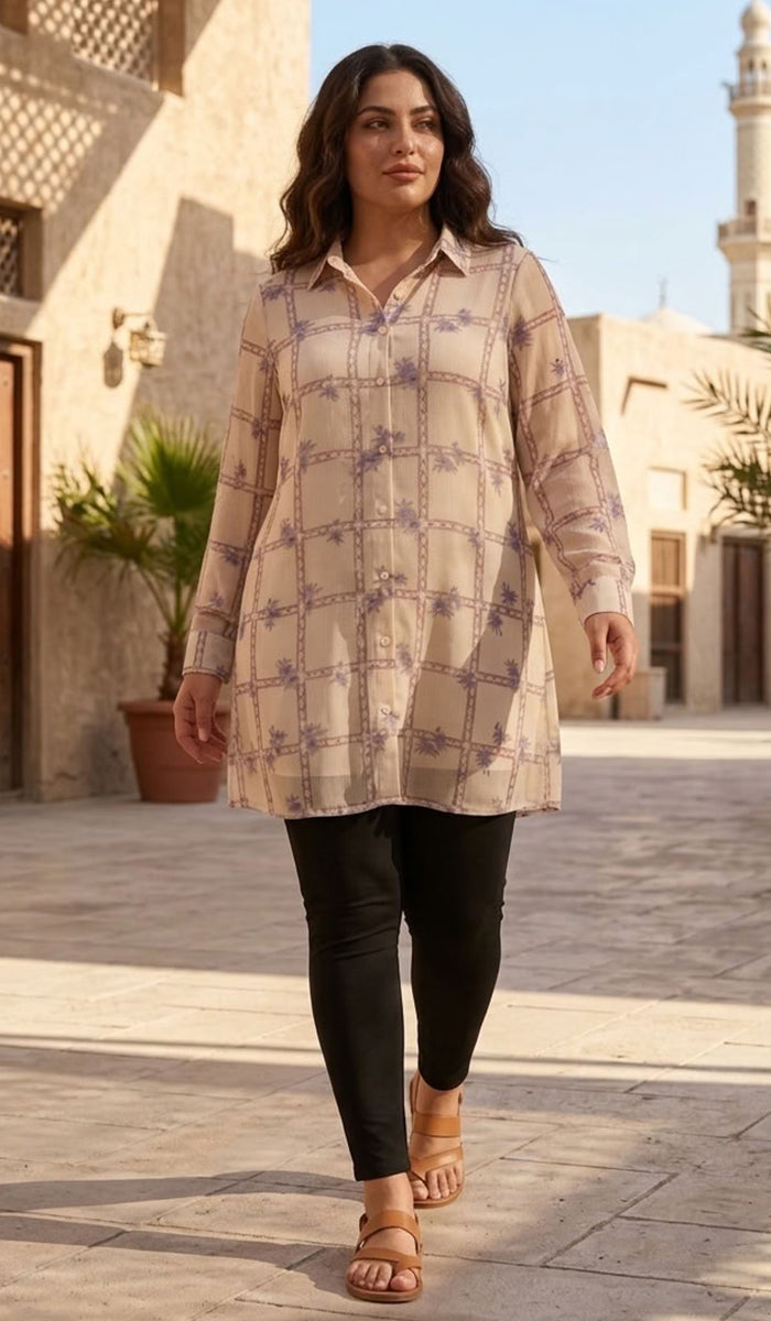 Marwa Chiffon Print Long Button down Shirt - Mosaic Bloom - PREORDER (ships in 2 weeks)