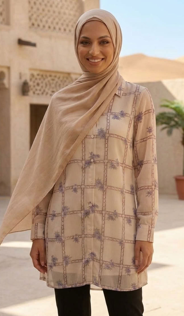 Marwa Chiffon Print Long Button down Shirt - Mosaic Bloom - PREORDER (ships in 2 weeks)