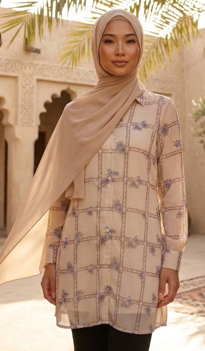 Marwa Chiffon Print Long Button down Shirt - Mosaic Bloom - PREORDER (ships in 2 weeks)