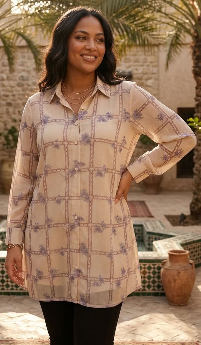 Marwa Chiffon Print Long Button down Shirt - Mosaic Bloom - PREORDER (ships in 2 weeks)