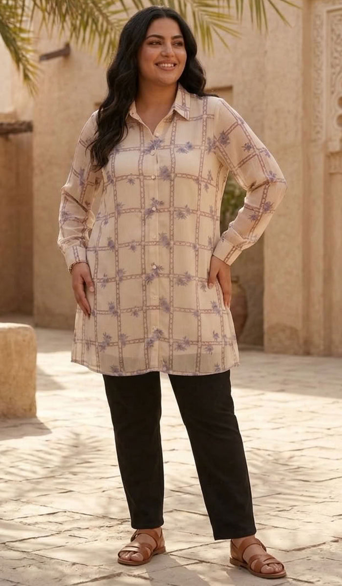 Marwa Chiffon Print Long Button down Shirt - Mosaic Bloom - PREORDER (ships in 2 weeks)