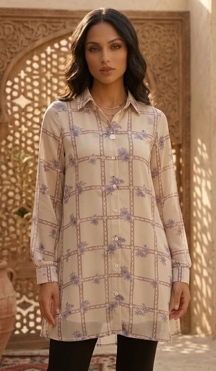 Marwa Chiffon Print Long Button down Shirt - Mosaic Bloom - PREORDER (ships in 2 weeks)