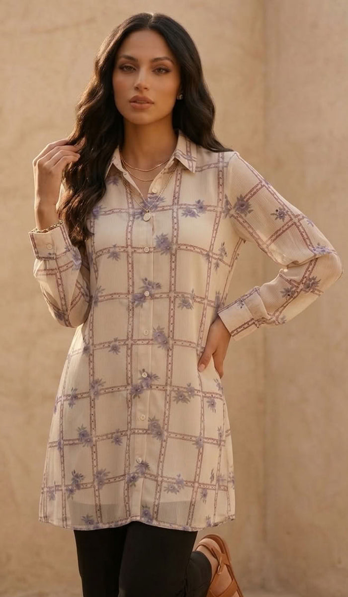 Marwa Chiffon Print Long Button down Shirt - Mosaic Bloom - PREORDER (ships in 2 weeks)