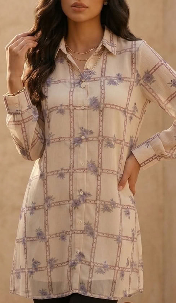 Marwa Chiffon Print Long Button down Shirt - Mosaic Bloom - PREORDER (ships in 2 weeks)