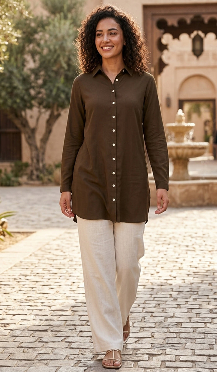 Marwa Cotton Blend Long Button down Shirt - Cocoa - PREORDER (ships in 2 weeks)