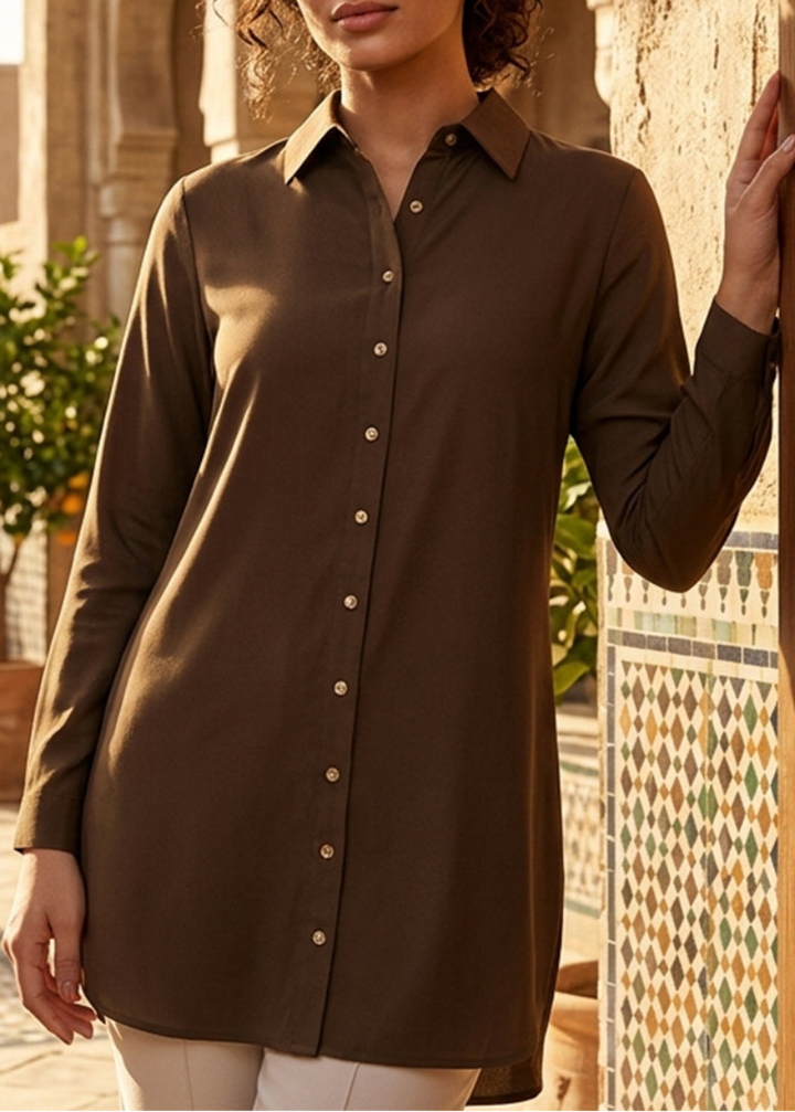 Marwa Cotton Blend Long Button down Shirt - Cocoa - PREORDER (ships in 2 weeks)