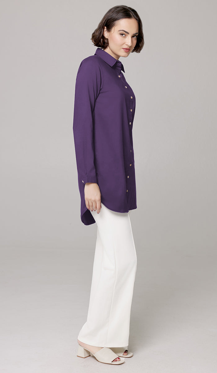 Marwa Cotton Blend Long Button down Shirt - Purple