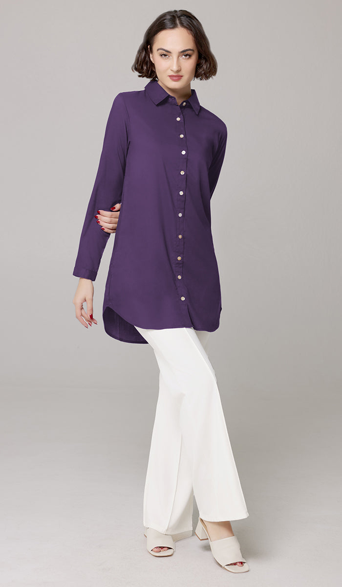 Marwa Cotton Blend Long Button down Shirt - Purple