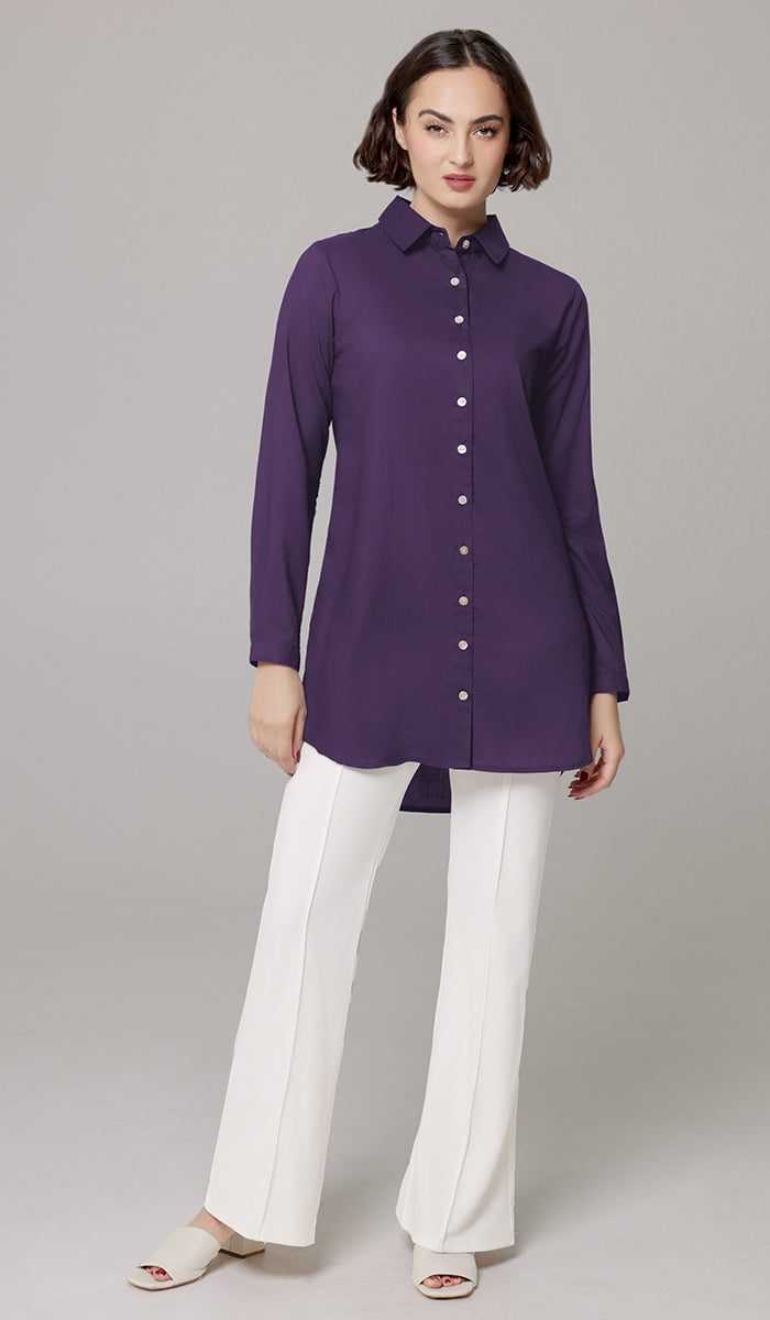 Marwa Cotton Blend Long Button down Shirt - Purple