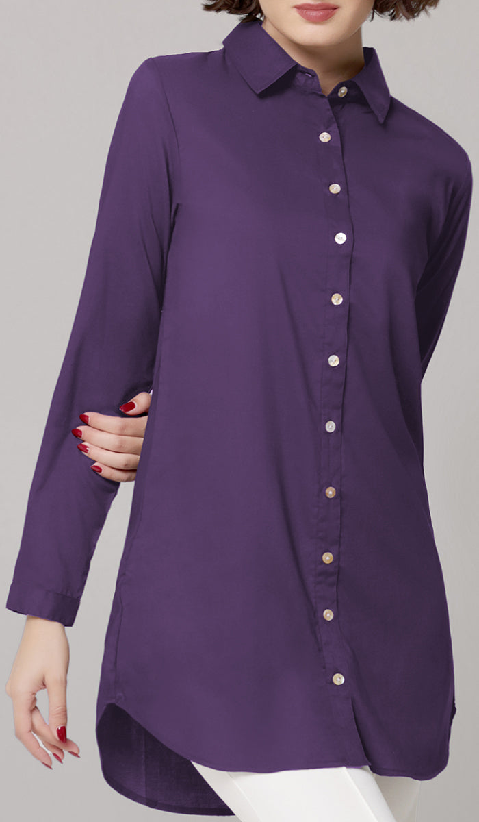 Marwa Cotton Blend Long Button down Shirt - Purple