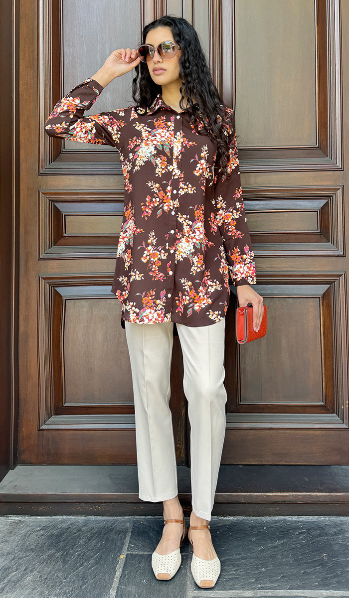 Marwa Floral Print Long Button down Shirt - Chocolate Blossom - PREORDER (ships in 2 weeks)
