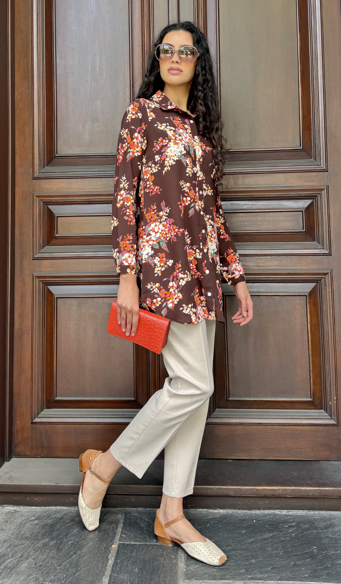 Marwa Floral Print Long Button down Shirt - Chocolate Blossom - PREORDER (ships in 2 weeks)